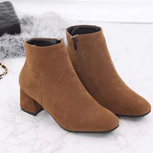 Faux Brown Suede Block Heeled Ankle Boots with Side Zipper - Picture 2 of 3